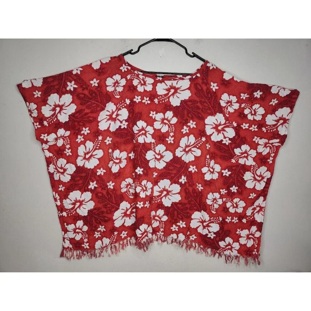 Koko Knot Pullover Swimsuit Cover Up One Size Red Hawaiian Fringe Hem Floral